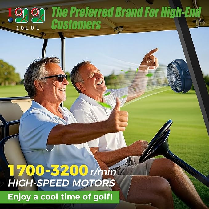 10L0L Magnetic Golf Cart Fan Rechargeable with Flexible Tripod Mount - 10000mAh Battery Operated Portable Fan 360° Rotatable Head, Fits for Yamaha/EZGO/Club Car Golf Cart with LED Light