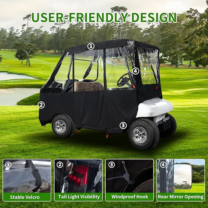 Tecoom Golf Cart Enclosure 2/4/6 Passenger, Golf Rain Cover 600D Waterproof Snowproof, Door Zippers, Clear Windows and Windproof Hooks, Universal Fit for EZGO, Yamaha, Club Car