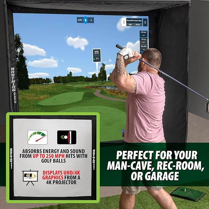 Complete Golf Simulator Enclosure Package – 4K-Ready Impact Screen with Blackout Cage, Frame Poles, Side Shank Nets & Sandbags | Indoor & Garage Practice | Easy Setup | 12-Month Warranty