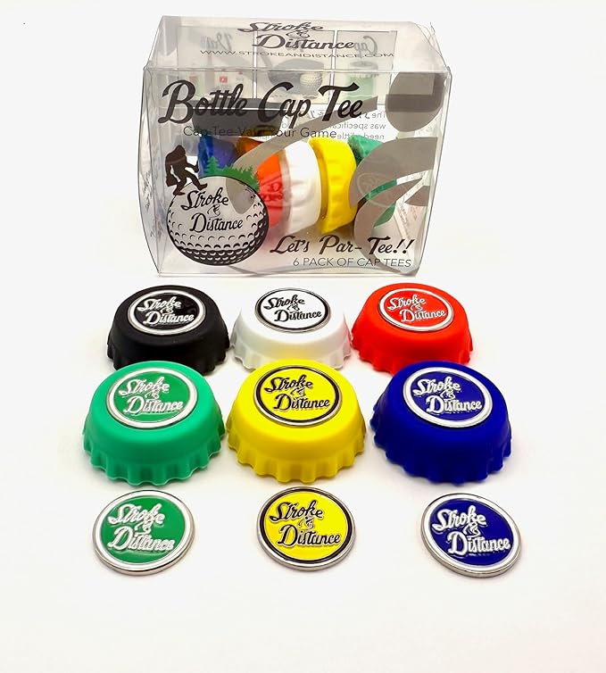 Stroke & Distance Bottle Cap Tee Double Pack - Keep Beverages Secure & Tee Off in Style - Par 3 Height - Insert Any Tee - Training Aid