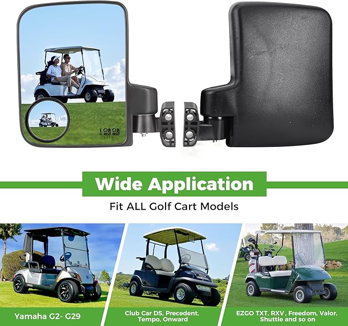10L0L Golf Cart Mirror No Drilling Side Mirrors with Blind Spot Mirrors Universal for Yamaha, Club Car, EZGO, Folding Side Rear View Mirrors Adjustable 180 Degree HD Glass
