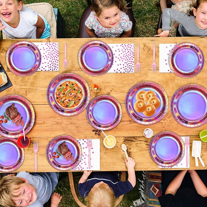 96Pcs Iridescent Pink Party Decorations Iridescent Theme Tableware Set Hot Pink Holographic Paper Plates Napkins Fork for Birthday Dinnerware Girls Women Mermaid Disco Shiny Laser Supplies 24 Guests
