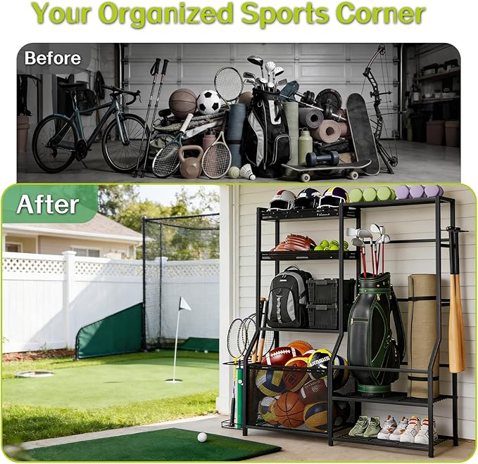 Large Sports Organizer for Garage, Ball Storage Rack Garage Sports Equipment Organizer with Side Racks, Baskets, Hooks, Multi-Purpose Golf Gear Storage for Gym Indoor Outdoor