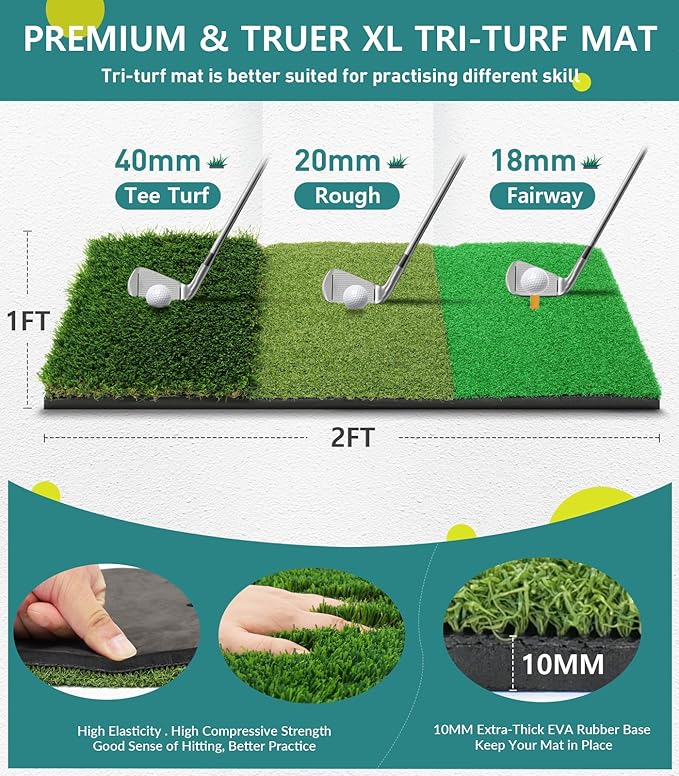 Golf Net: 10x7FT Golf Practice Net for Backyard Driving, Hitting Net with Tri-Turf Mat, Indoor Training Chipping Aid Nets with Reduce Noise Nylon Target, Gifts for Men/Dad/Him