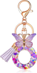 JINGUAZI Initial letter Keychains for Women Tassel Butterfly Pink Purple Cute Car Keychain for Wallet Backpack bag charm