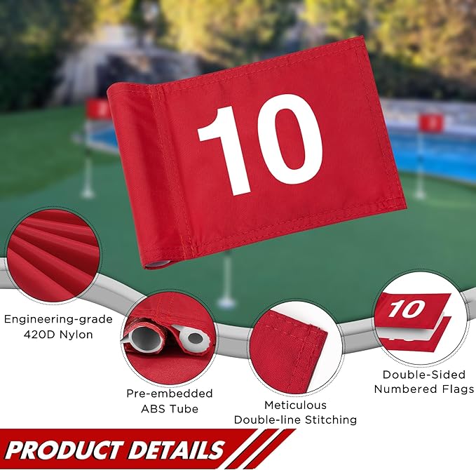 KINGTOP Numbered Golf Flag All 8x6 Inch – Upgraded Dual-Layer 420D Nylon, Double Sided Printing, Tube Inserted – Mini Practice Putting Green Flags for Yard