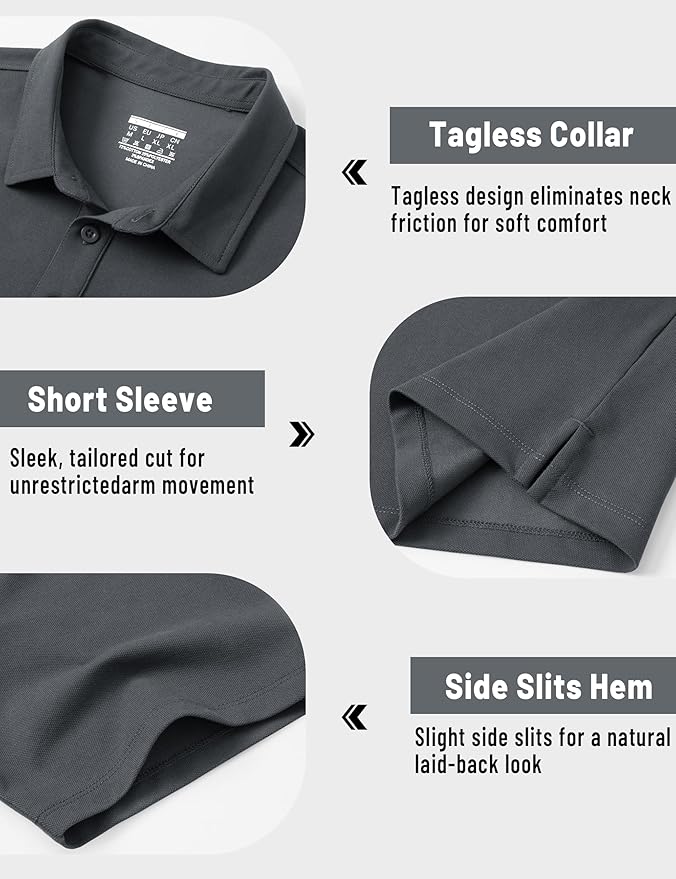 TACVASEN Mens Polo Shirts Short Sleeve Pique 3 Buttons Golf Polo Cooling Performance Moisture Wicking Shirt