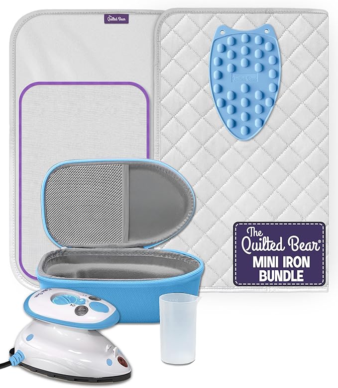 The Quilted Bear Mini Iron, Rest & Ironing Mat - Lightweight Mini Steam Iron with Hard Shell Travel Case, Rest & Ironing Mat - Travel Essentials for Wrinkle Free Clothes & Effortless Quilting (Blue)