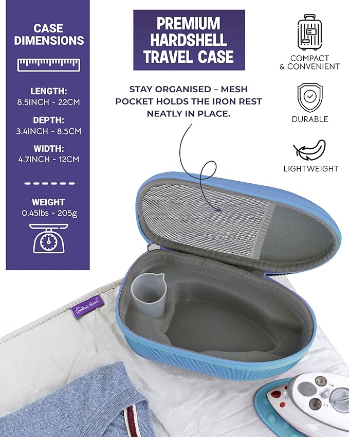 The Quilted Bear Mini Iron, Rest & Ironing Mat - Lightweight Mini Steam Iron with Hard Shell Travel Case, Rest & Ironing Mat - Travel Essentials for Wrinkle Free Clothes & Effortless Quilting (Blue)