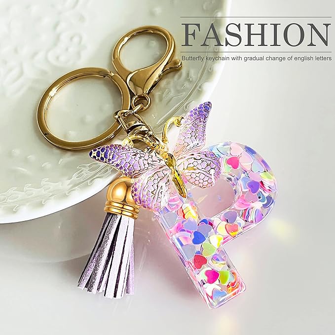 JINGUAZI Initial letter Keychains for Women Tassel Butterfly Pink Purple Cute Car Keychain for Wallet Backpack bag charm