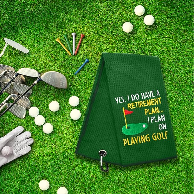 ERHACHAIJIA Yes I'd Have A Retirement Plan Embroidered Golf Towel with Clip. Funny Golf Accessories Gifts for Men Women Golfer Grandma Grandpa Mom Dad, Retirement (Green)