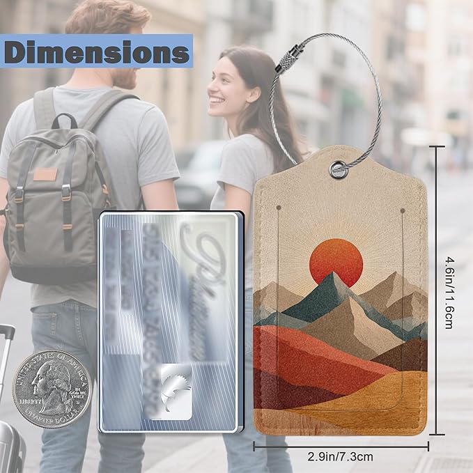 3 Pack PU Leahter Luggage Tag with Stainless Steel Loop,Setting Sun Travel Suitcase Labels with Privacy Cover ID Label Quickly Spot for Bags