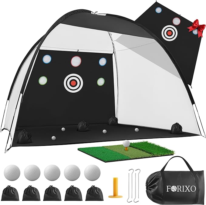 Garage Golf Net – 10x7ft Indoor Golf Hitting Net with Mat & Balls – Practice Driving & Chipping at Home