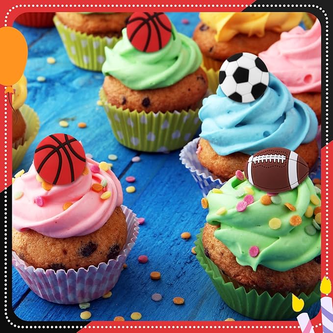 Honeydak 48 Pcs Sports Cupcake Toppers Basketball Softball Football Soccer Cupcake Rings Toppers Picks Decoration for Sport Baby Shower Birthday Party Cake Supplies