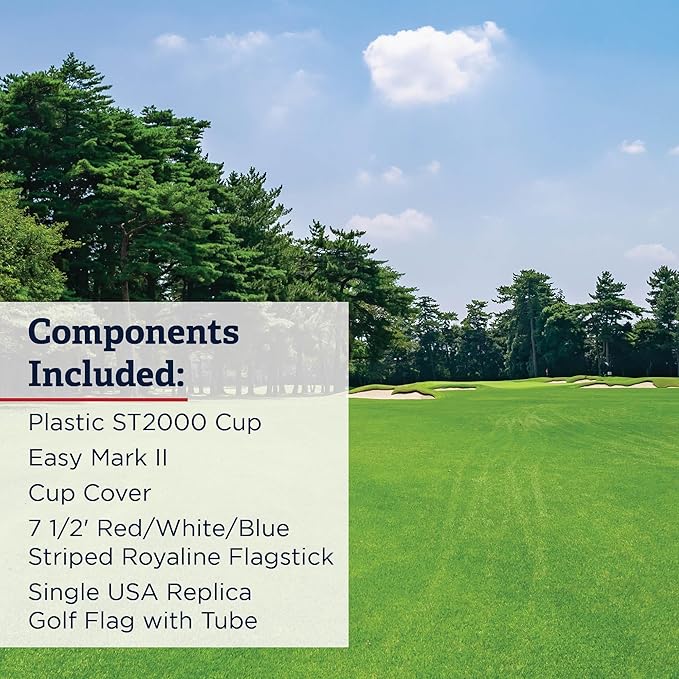 Standard Golf Regulation flagstick, cup & pin flag to use in your backyard or other open space for practice. Use the same products as used by golf courses all over the world and on tour.
