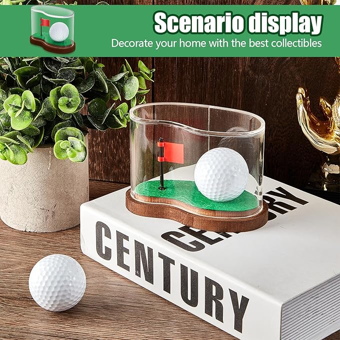 Soaoo 3.94 x 2.95 x 3.43'' Golf Ball Display Case Acrylic Golf Ball Transparent Holder Display Stand Clear Memorabilia Storage Box with Flag and Wood Base for Single Golfball Enthusiasts Gift