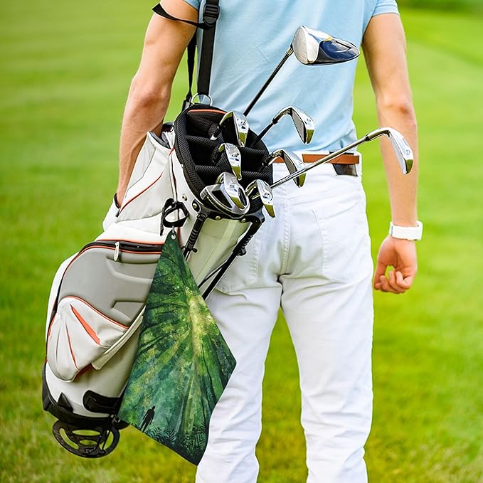 Green Golf Towel with Carabiner Clip 24"x16" Spring Forest Backdrop Microfiber Waffle Golf Towels for Golf Bags Sun Rays Natural Tree Golf Rag for Disc Balls Clubs Golfs Accessories for Men Women Dad