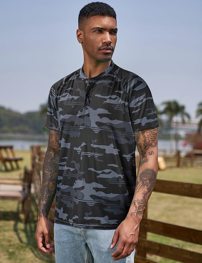 TAPULCO Mens Collarless Golf Shirts Short Sleeve Dry Fit Stretch Casual Breathable Lightweight Tshirts