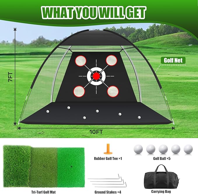 Golf Net with Practice Mat,Golf Hitting Aid Nets 10x7FT for Backyard Driving Chipping Training Swing,Gifts for Men Dad Him and Golfer