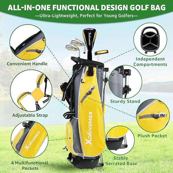 5/6 Pieces Kids Golf Club Set, Junior Golf Club Set Ages 4-12 Includes Stand Bag, 1# Drive, 5# Hybrid, 6/7#, 9/P# Irons and Putter Right Hand for Boys Girls