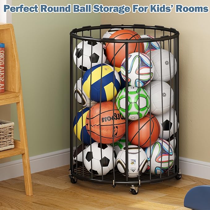Garage Ball Storage: Round Sports Equipment Organizer with Wheels, Sports Ball Rack With Elastic Rope, Ball Holder for Basketball, Soccer, Volleyball, Football, Garage, Gym, Outdoor (Black)