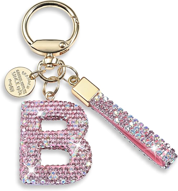 Pink Blue White Initial Letter Keychain Gift for Women Girls Bling Sparkly Cute Backpack Car Key Accessories Lanyard