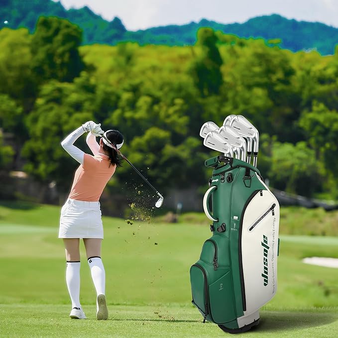 Lightweight 14-Way Golf Stand Bag, PU Leather Golf Bag Waterproof Men Women Full Length Top Dividers, Multiple 8 Pockets Cooler Pouch Adjustable Detachable Shoulder Dual Straps Rain Cover Hood