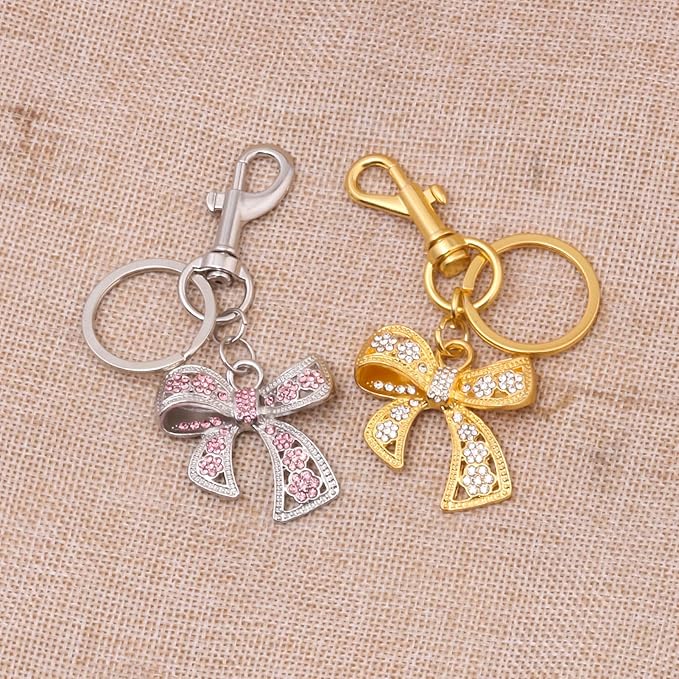 Sparkly Bow Bag Charm Keychain - Rhinestone Bow Key Chain for Women - Cute Purse Handbag Charms Accessories