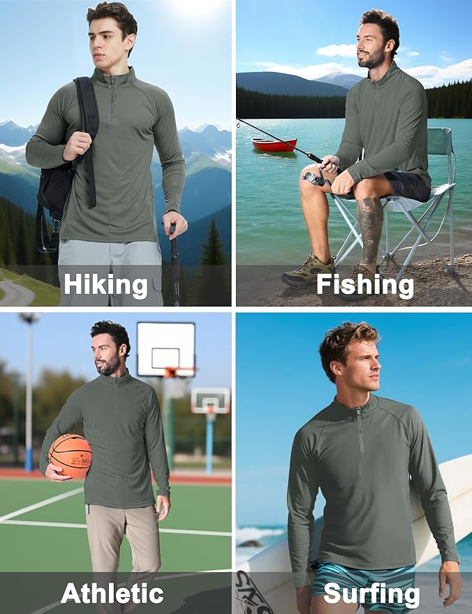CRYSULLY Men's Long Sleeve 1/4 Zip Shirts Sun Protection Pullover UPF 50+ Rash Guard Running Lightweight T Shirt