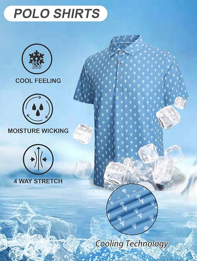 Esabel.C Golf Shirts for Men Dry Fit Performance Short Sleeve Print Moisture Wicking Collared Shirt