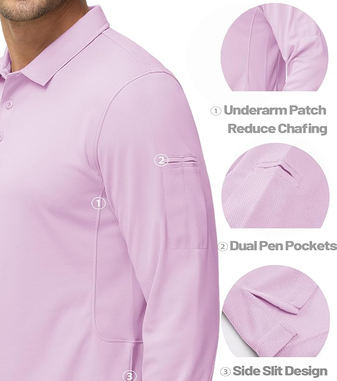 MAGCOMSEN Men's Polo Shirts 3 Button Quick Dry Performance Long Sleeve Tactical Shirts Pique Jersey Golf Shirt