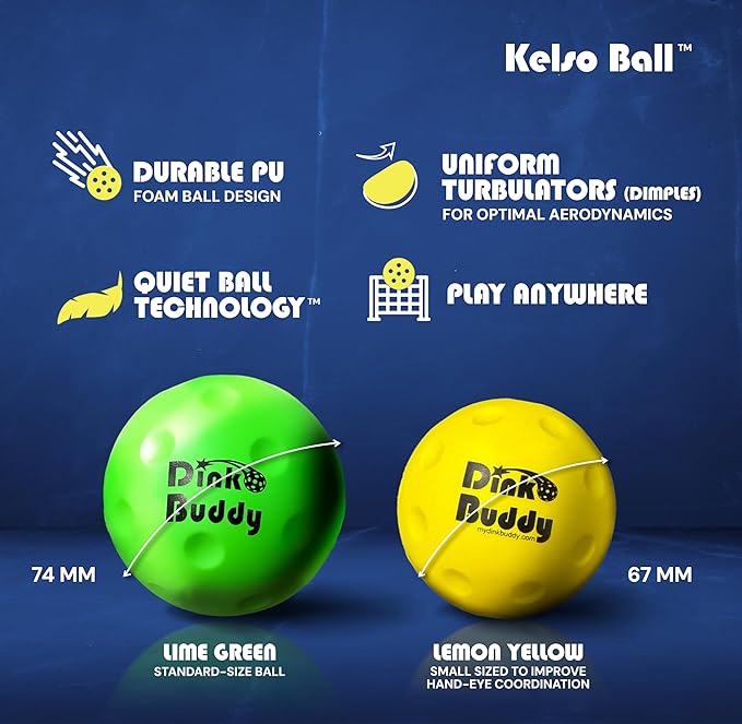Kelso Pickleball, PU Foam Pickleball Balls for Reduced Noise, Enhances Hand-Eye Coordination, Indoor & Outdoor Use, Standard or Small Trainer-Sized Balls