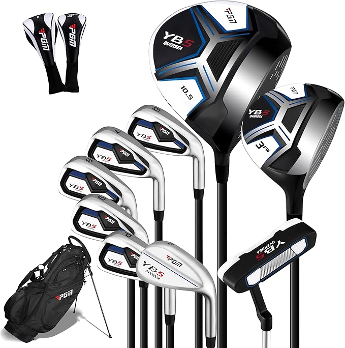 PGM 12/15 Pieces Men's Complete Golf Club Set with Driver, Fairway, Hybrid, Irons, Putter, Stand Bag & Headcovers - Right Handed - Ideal for Beginners (Standard/Tall Sizes)