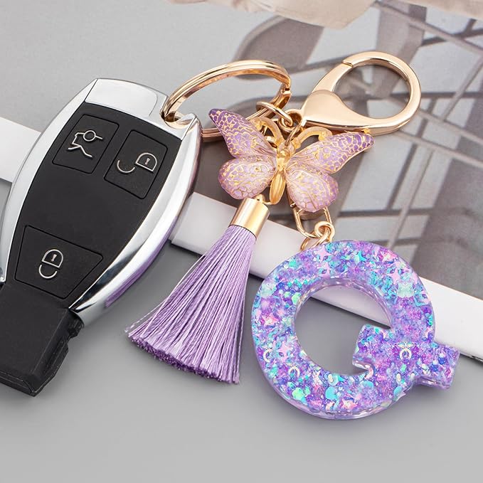 Suweibuke Colourful Cute Initial Letter Keychains for Women Girls with Tassel Butterfly, Charm for Purse Handbags Backpacks