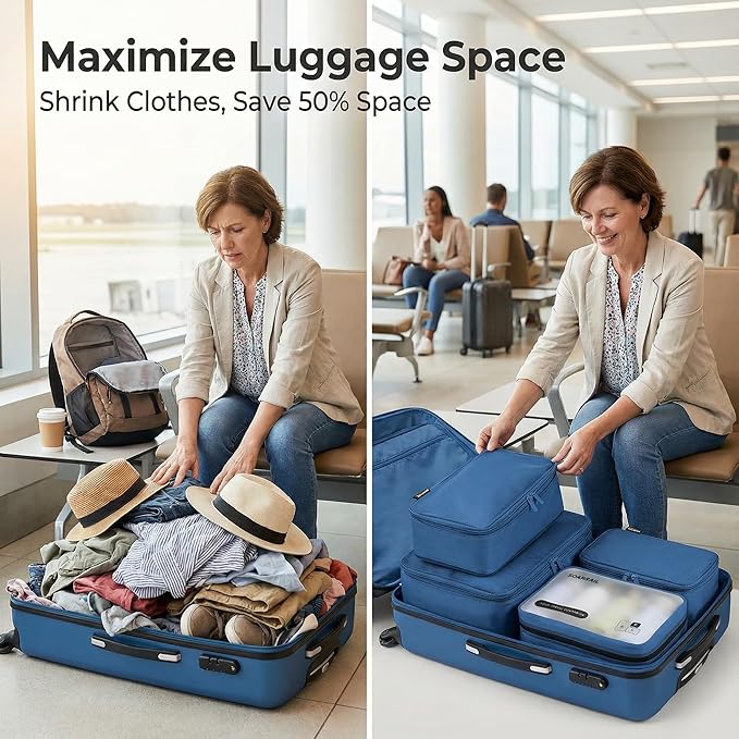 6 Set Compression Packing Cubes for Travel, Large Medium Small Luggage Organizers, Storage Bags for Clothes and Essentials (6 Pack, Dark Blue)