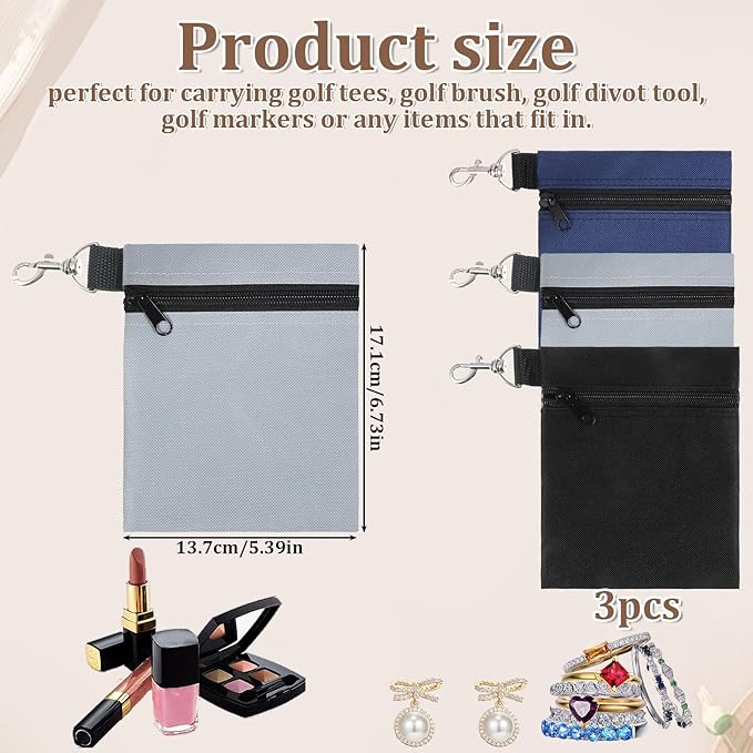 Golf Tee Bag, 3 Pack Golf Tee Pouch 5.5 X 6.7 Inch Zipper Golfs Accessory Bag with Clip Utility Tees Holder with Zipper, Golfs Ball Storage Accessory Bags with Clip for Men Women GolfGift