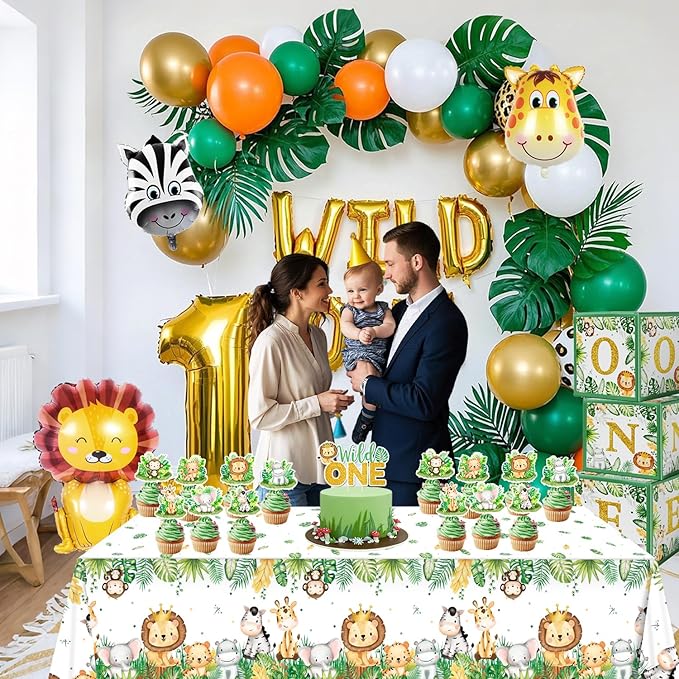 4 Pack Jungle Safari Tablecloths, Wild One Table Cover, Animals Plastic Plastic Table Cloth for Sage Green Safari Baby Shower Decorations, 108×54 Inch