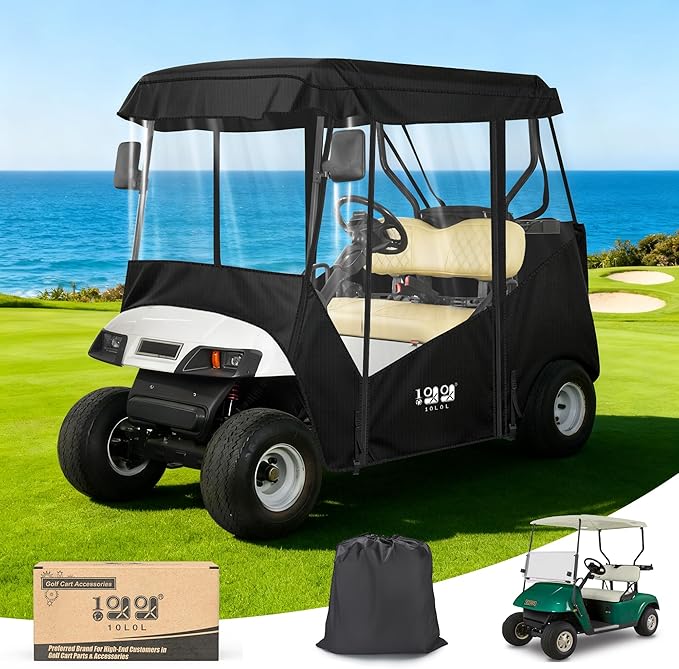 10L0L 2 Passenger Golf Cart Enclosure -61" Roof Fit Universal for EZGO TXT RXV & Club Car DS Precedent with Side Mirror Openings,Waterproof 600D Rain Cover,Transparent Tail Light Panel,4-Sided Windows
