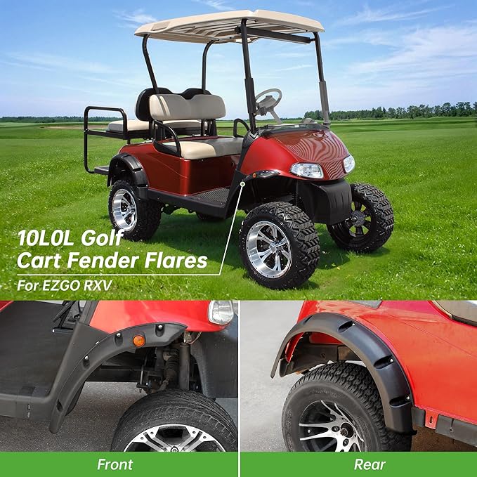 10L0L 4PCS Golf Cart Fender Flares for Yamaha G29, EZGO TXT/RXV, Club Car DS/Precedent - Heavy Duty ABS Plastic Mud Guards with Reflectors & Stainless Steel Hardware