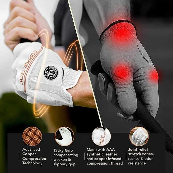 Copper Tech Ladies Golf Gloves Women Right Handed Golfer or Left Handed Golfer 2 Pack | Copper Compression Joint Support with Flexible & Comfortable Fit | AAA Leather & Silicone Tacky Pad