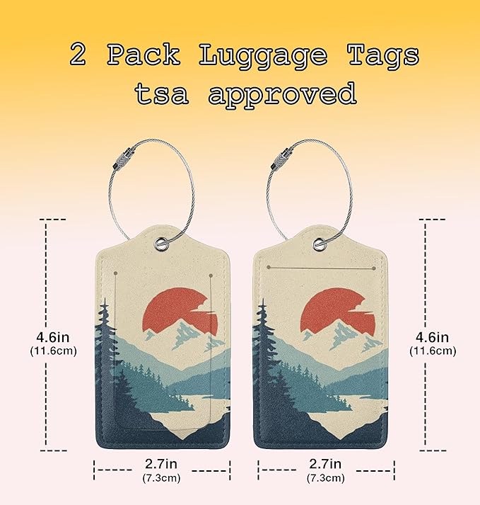 TSA Approved Luggage Tags for Suitcases Mountain Sun Forest 2 Pack Funny Leather Carnival Cruise Airport Cute Travel Name Tags Golf Bag tag Ships Essentials Privacy Cover ID Label for Women Men