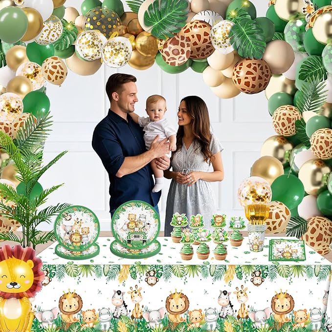 4 Pack Jungle Safari Tablecloths, Wild One Table Cover, Animals Plastic Plastic Table Cloth for Sage Green Safari Baby Shower Decorations, 108×54 Inch