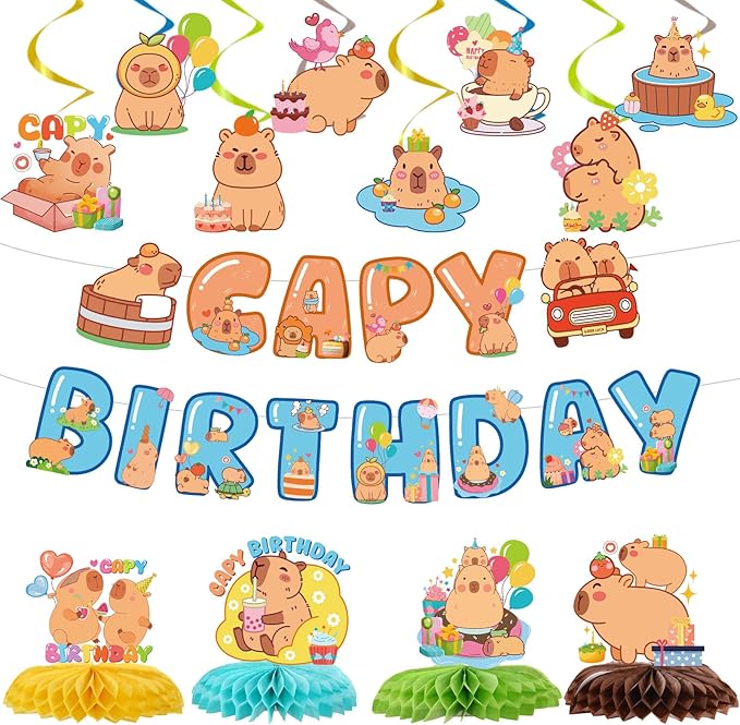 Capybara Birthday Party Decorations - 14PCS Capybara Banners with Hanging Swirls Bday Decoration Cute Capy Animals Honeycomb centerpieces Decor Supplies