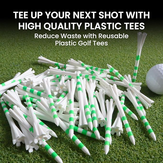 FINGER TEN Unbreakable Golf Tees Plastic 80 3 1/4" or 2 3/4" Driver Tees with 20 1 1/2" Iron Tees Assorted Pack, Low Resistance & Consistent Height Long Short Tees with Bright Colors