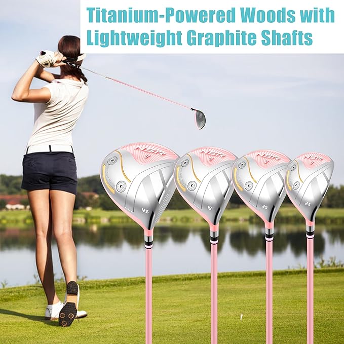 PGM 18 Piece Women's Golf Clubs Full Set for Right Handed, Complete Golf Set for Beginner to Intermediate Golfers with Driver, Woods, Hybrid, Irons, P/S Wedges, Putter, Headcovers and Stand Bag