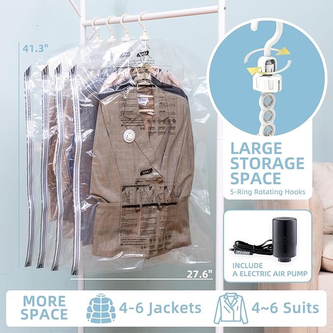Hanging Vacuum Storage Bags with Electric Pump, 6 Pack (41.3 x27.6 inch), Vacuum Seal Bags for Clothing, Garment Storage for Short Jacket, Suits, Dresses, Closet Organizer Space Saving