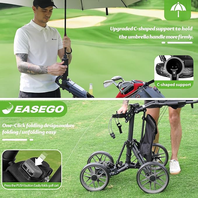 Golf Push Cart 4 Wheel : Golf Walking Carts with Phone Holder/Cup Holder/Umbrella Holder/Foot Brake/Cooler Basket 3 Wheel Superlite Golf Pull Cart All-Terrain Golf Caddy Carts