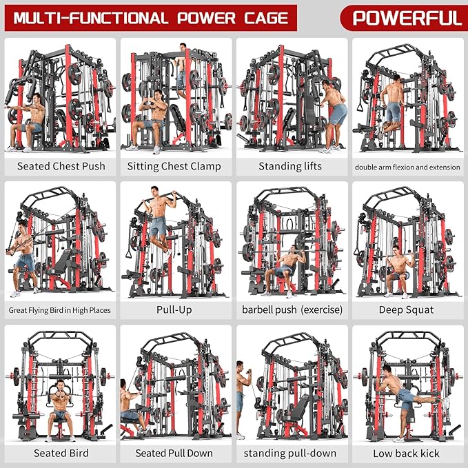 Smith Machine，Multi-Function Squat Rack Power Cage with Cable Crossover System,with Optional Weight Bench, Olympic Barbell Weight Set, for Home Gym
