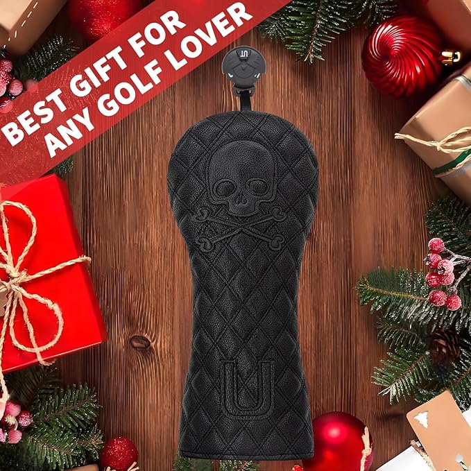 Grid Black Line Skull Golf Club Covers – Driver Headcover, Fairway Wood & Hybrid, 3 Wood Headcover, Black Skull Leather, Waterproof Easy-Clean, Universal Fit The Most Brands