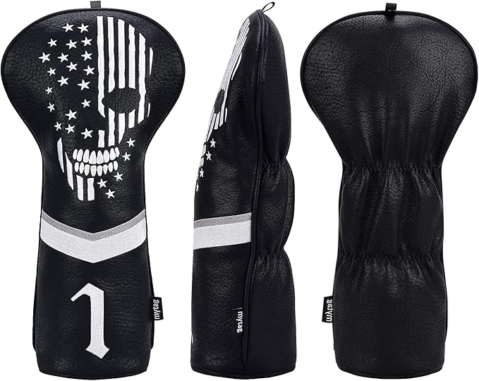 mytag Skull Skeleton Golf Head Covers Black Synthetic Leather Golf Headcovers Set Fits Driver Fairway Wood Hybrid/Utility Putter Iron Wedge Headcover